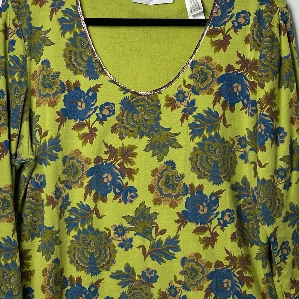 First Issue Size XL Chartreuse Bohemian Print Top Sequin Trim 3/4 Sleeve Y2K - Picture 3 of 9